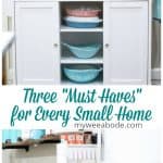 white island with pink turquoise pyrex on shelves with title three must haves for every small home