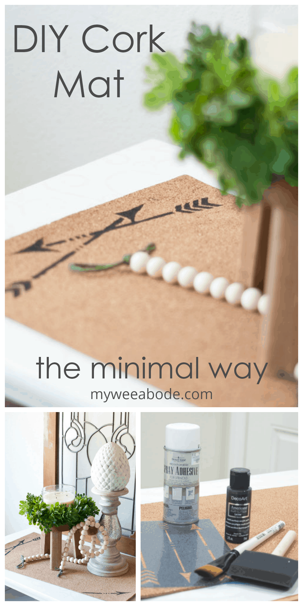 easy stenciled cork table mat runner with candlestick and wood beads and wooden stool with green wreath