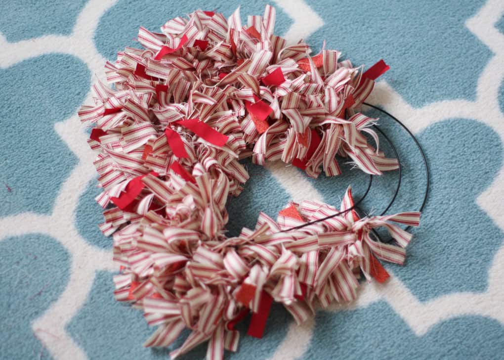 make ticking stripe fabric heart wreath partially finished