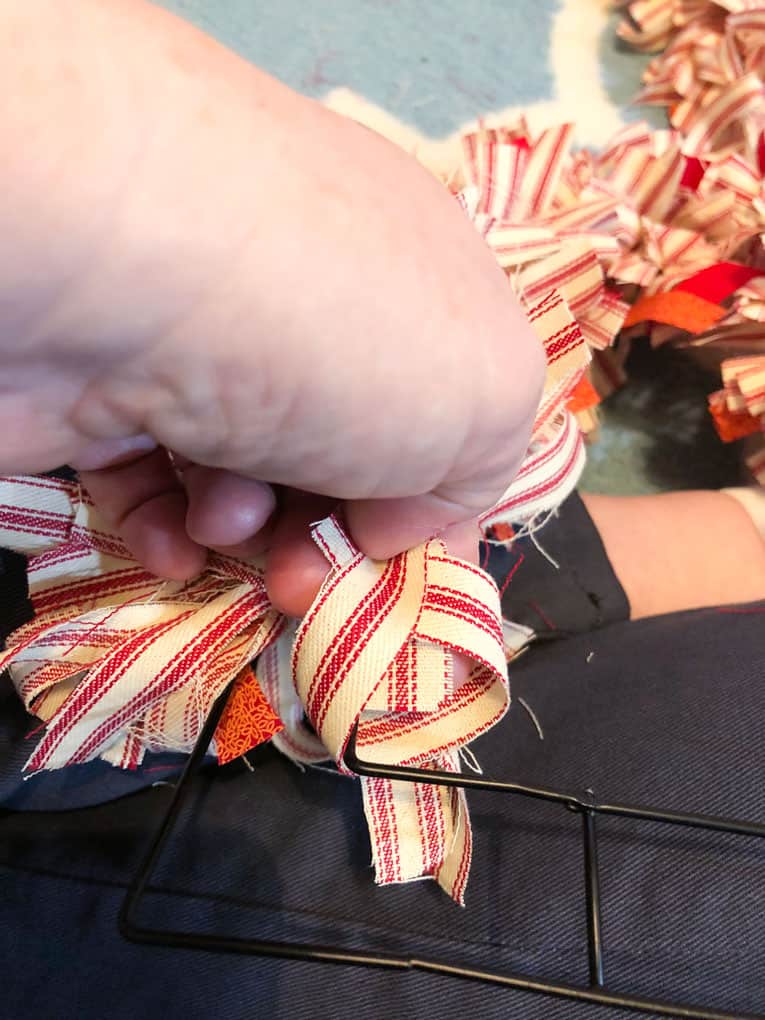 make ticking stripe fabric heart wreath hand tying strips
