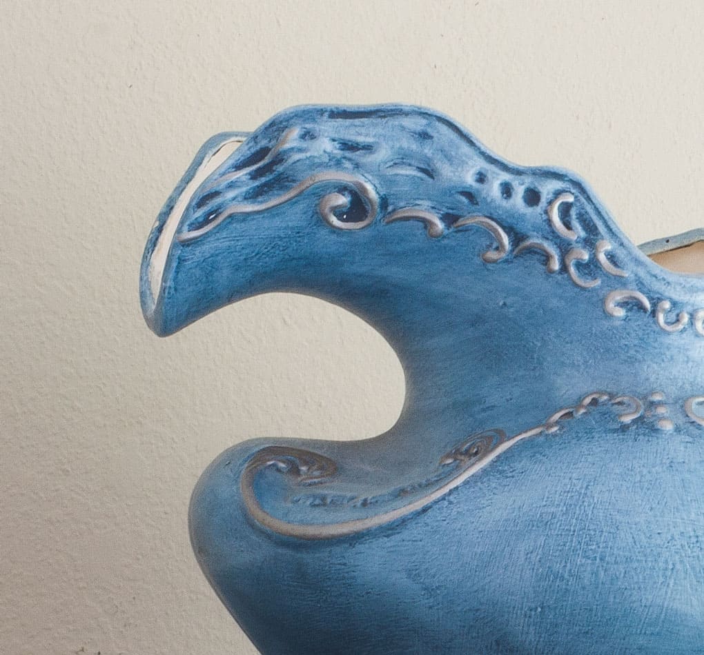 detail of blue pitcher and bowl