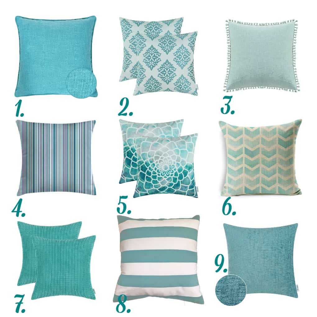 nine aqua pillows in different textures and prints