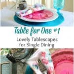 tablesetting on table with white tablecloth teal placemat pink and white dish napkin goblet with flower vase and starfish