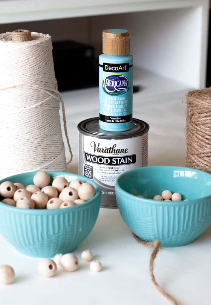 twine jute wood beads in aqua bowls with decoart americana acrylic paint varathane stain on white table
