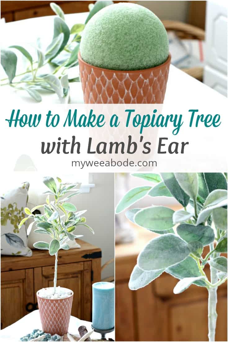 three photos of various stages of making a topiary tree with lambs ear