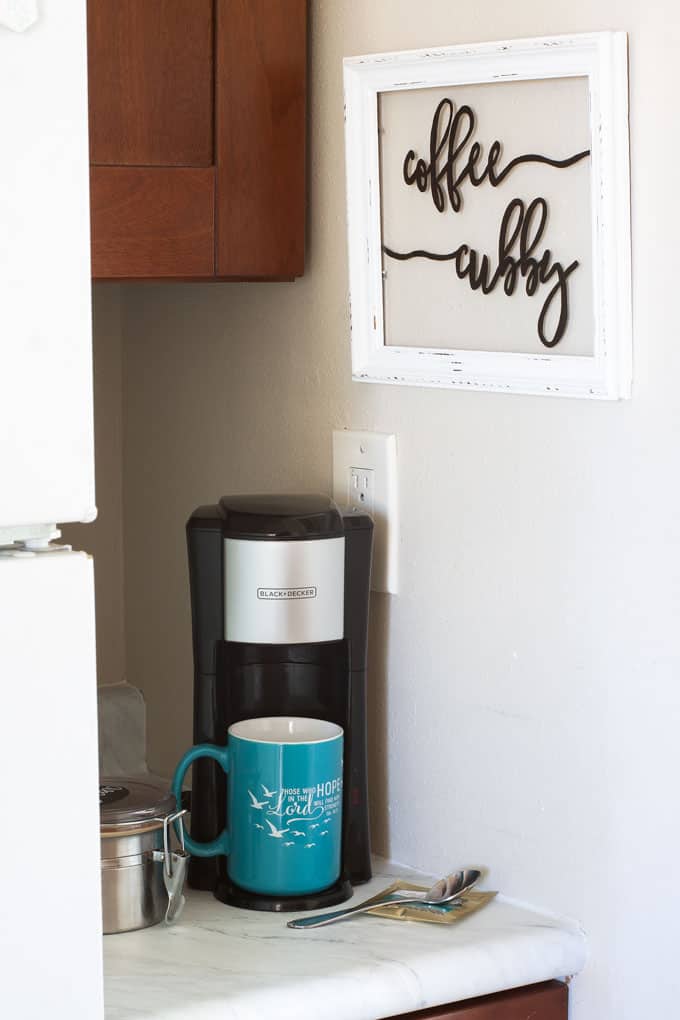 diy coffee station ideas for small spaces black and white sign
