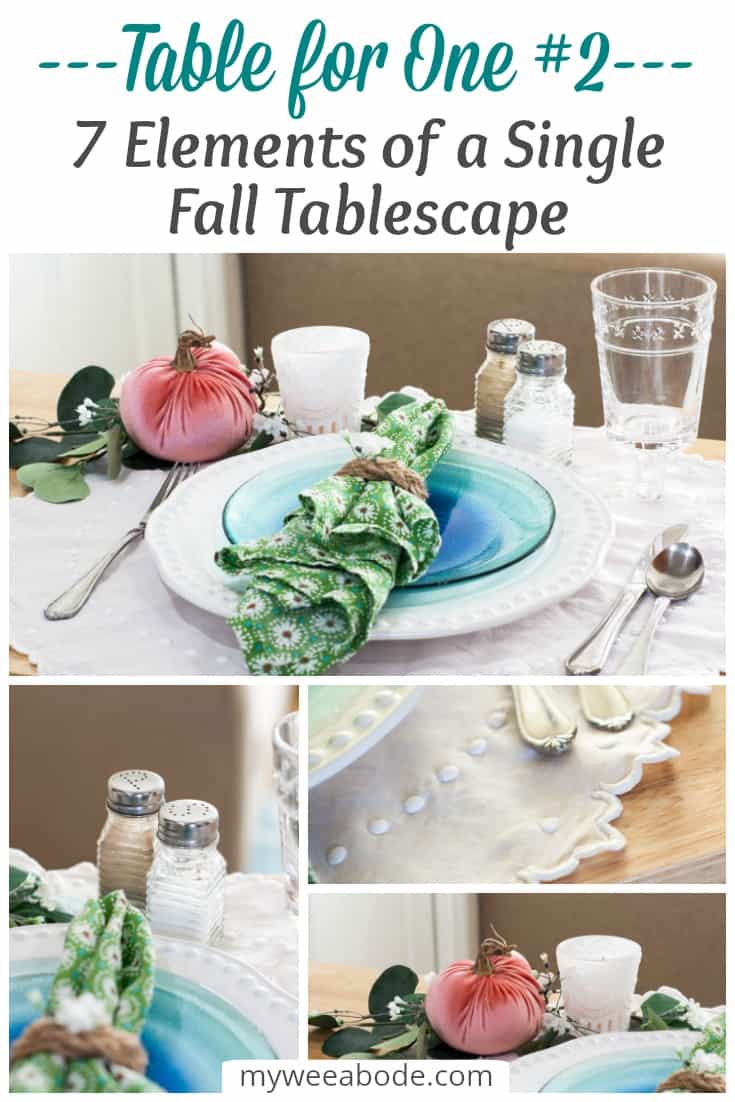 7 elements for a single fall tablescape table for one #2 table place setting with plates silverware glass salt and pepper shaker and centerpiece on a wood counter