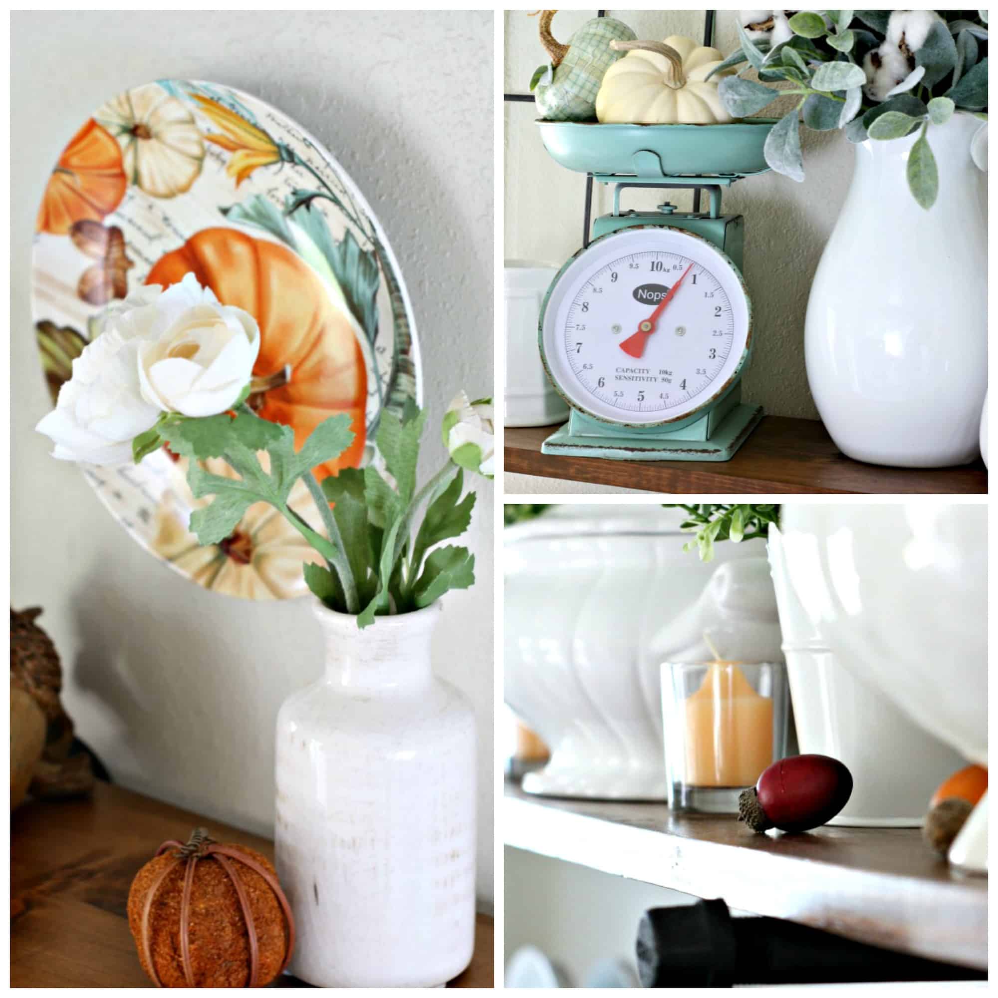 adding fall decor to a small kitchen fall decor elements vintage scale autumn wall plate with flower vase and pumpkins orange candle and acorns on wood surface