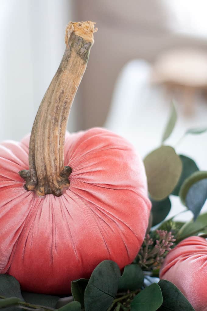 diy velvet pumpkins just like the pros velvet pumpkins in coral aqua and natural on a white cake stand with leaves flowers and natural elements on top of an wood surface