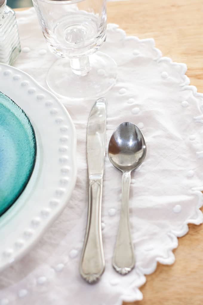 7 elements for a single fall tablescape table for one #2 table place setting with plates silverware on a wood counter