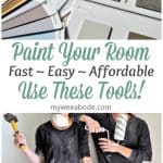 9 Painting Tools to Update Your Apartment with a Designer Look paint can and brush in background with title ultimate gift guide for your do it yourself painter