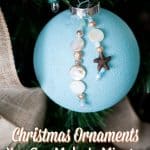 easy diy coastal christmas ornaments sea glass ornament with bead charms on tree with linen ribbon