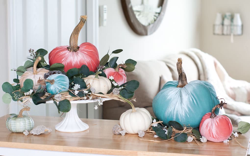 best of my wee abode 2018 velvet pumpkins on wood surface with cakeplate and natural elements with sofa in background