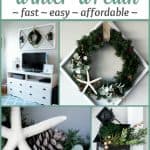 diy coastal farmhouse winter wreath on wall in living room above console with winter decor