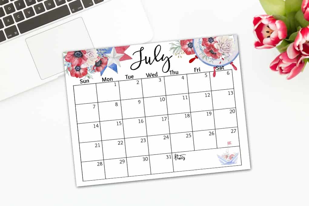 free 2019 watercolor calendar july calendar on white desk with keyboard and flowers