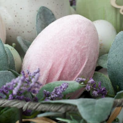 how to make velvet easter eggs vignette with pink velvet egg in basket bunny lambs ear florals