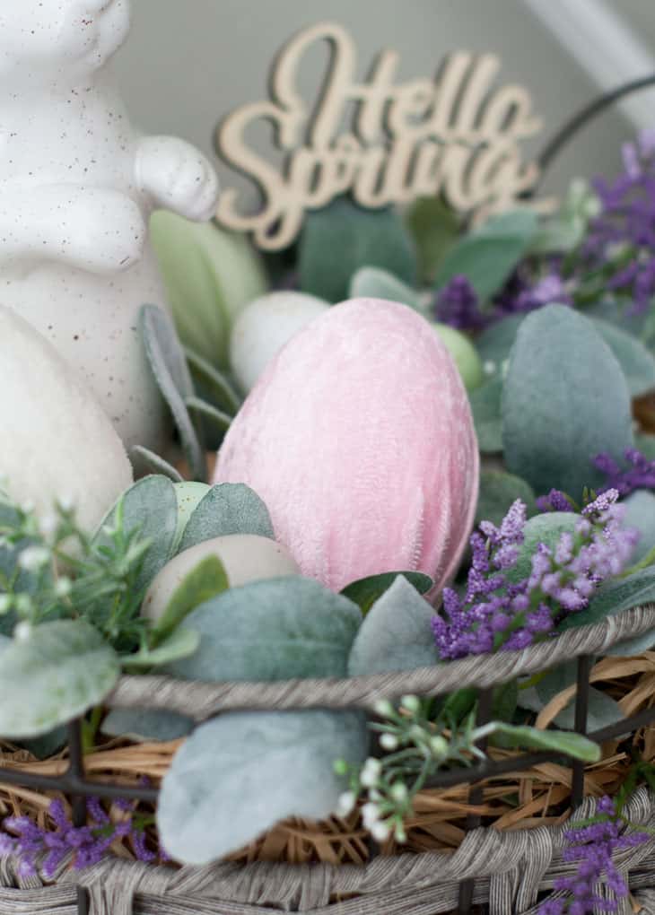 how to make velvet easter eggs vignette with pink velvet egg in basket bunny lambs ear florals