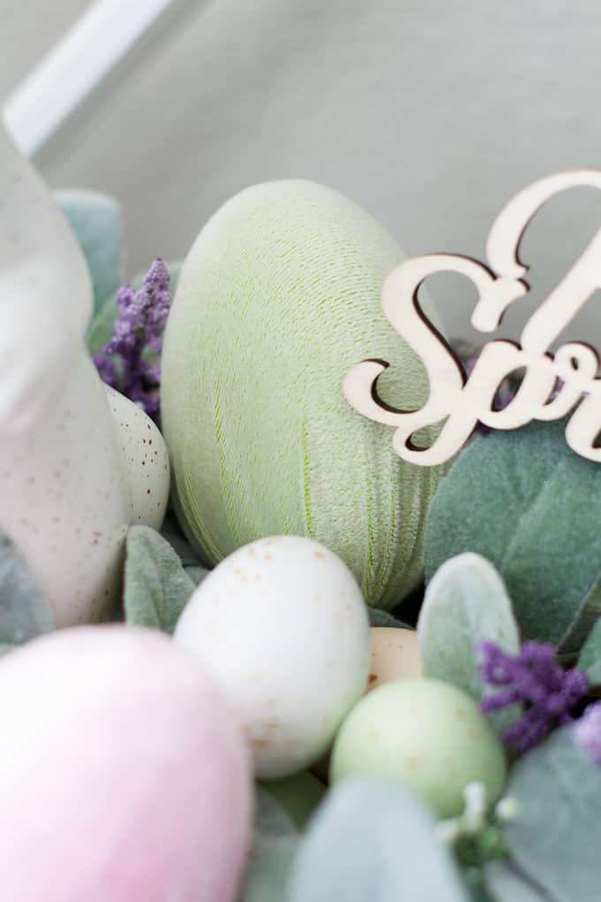 how to make velvet easter eggs vignette with green velvet egg in basket bunny lambs ear florals