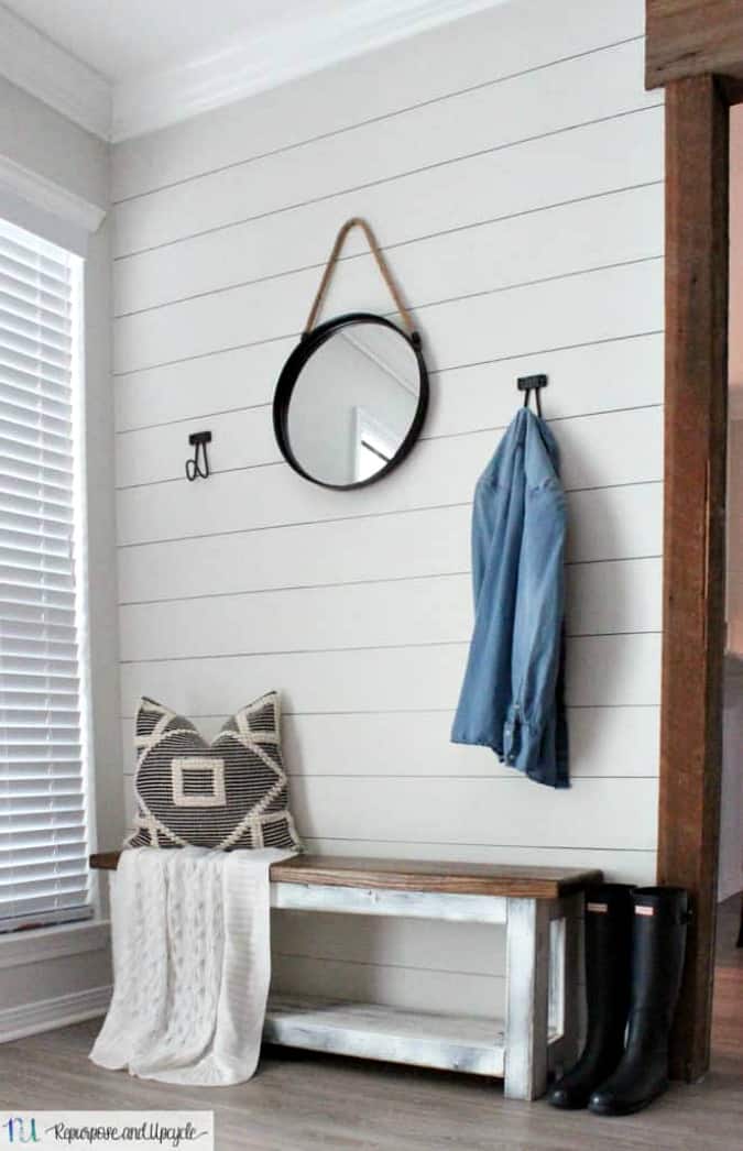 create temporary accent wall entryway with faux shiplap bench and mirror