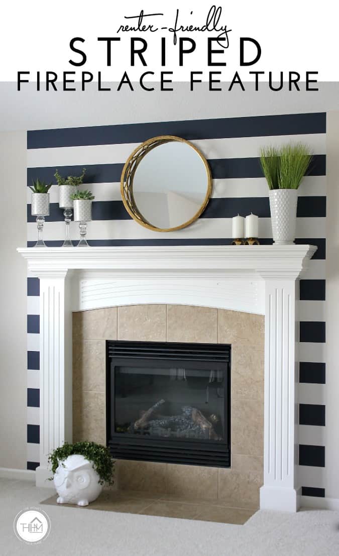 create temporary accent wall fireplace with striped wall paper and decor on mantel