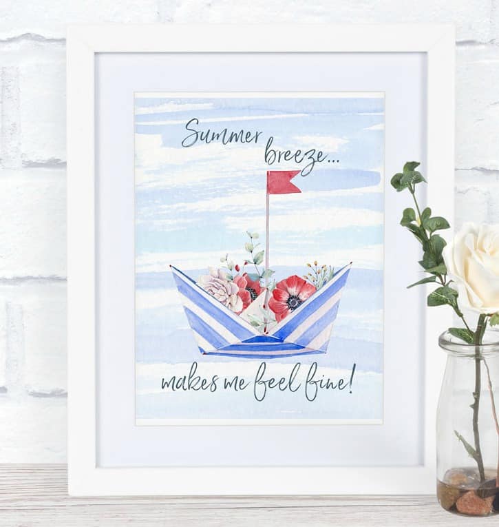 free summer watercolor printable nautical hat with flowers in frame and vase with rose