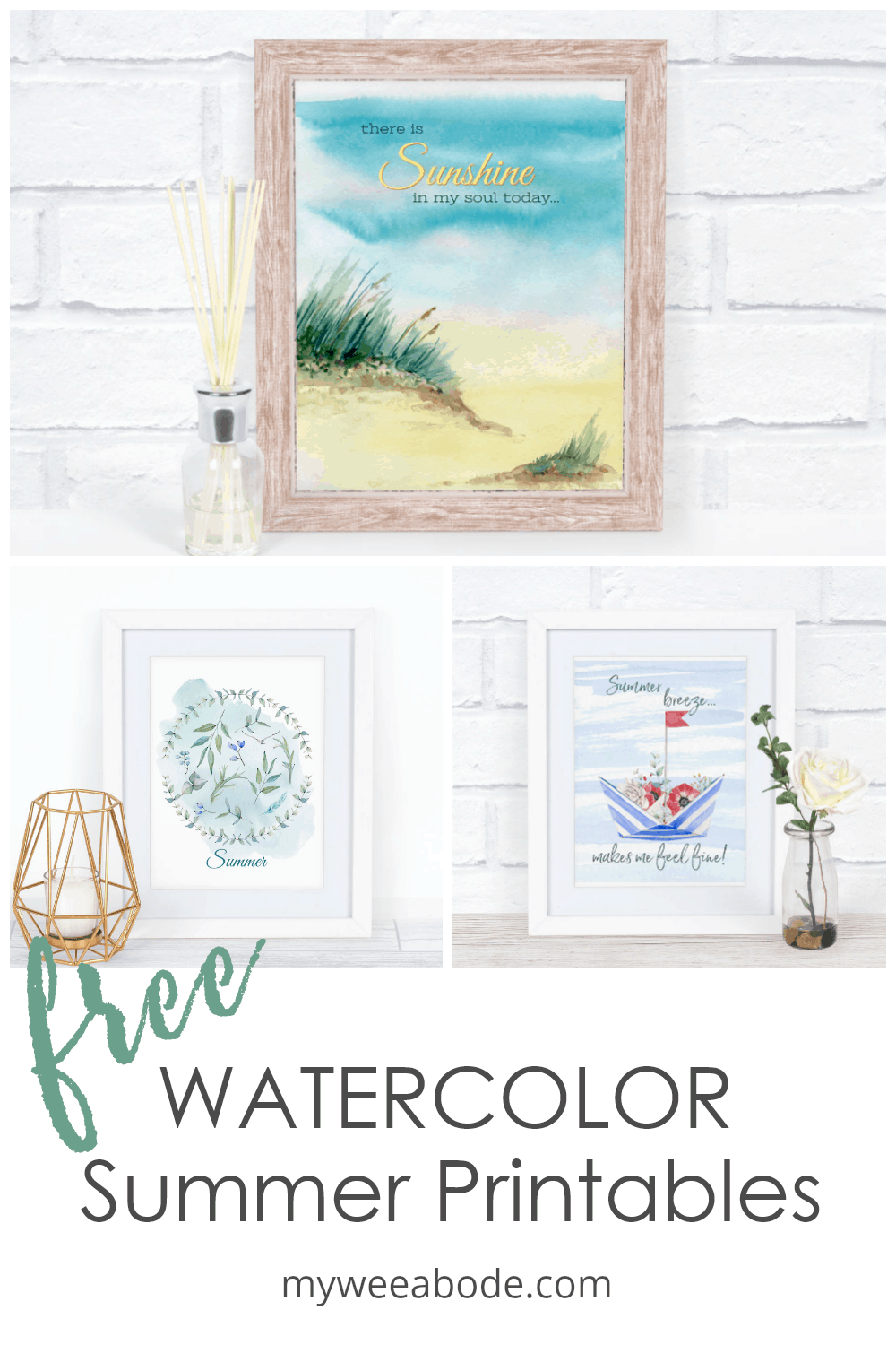 free summer watercolor printable nautical hat with flowers in frame and vase with rose