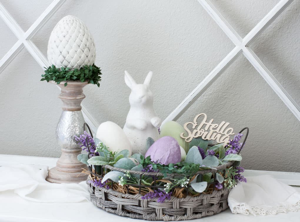 spring vignette with velvet Easter eggs and spring decor with wooden window pane