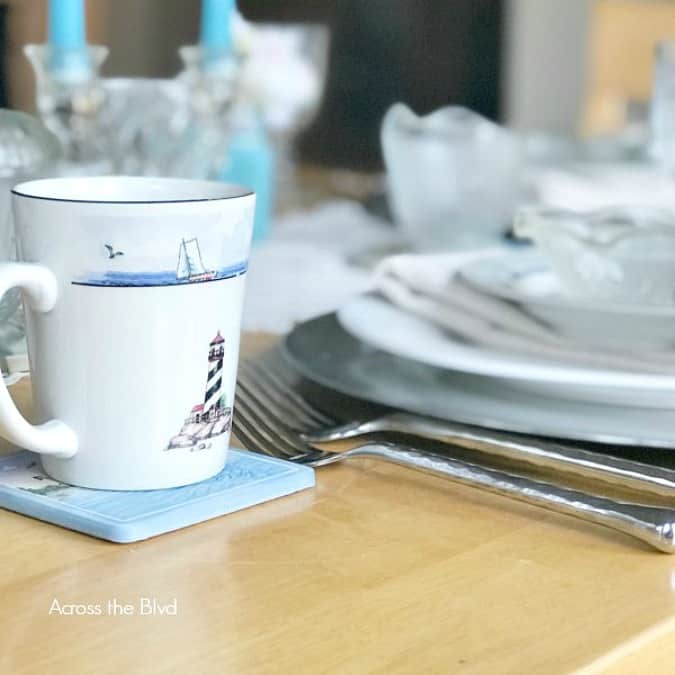 tuesday turn about 9 table setting with plates and dishes in blue and white