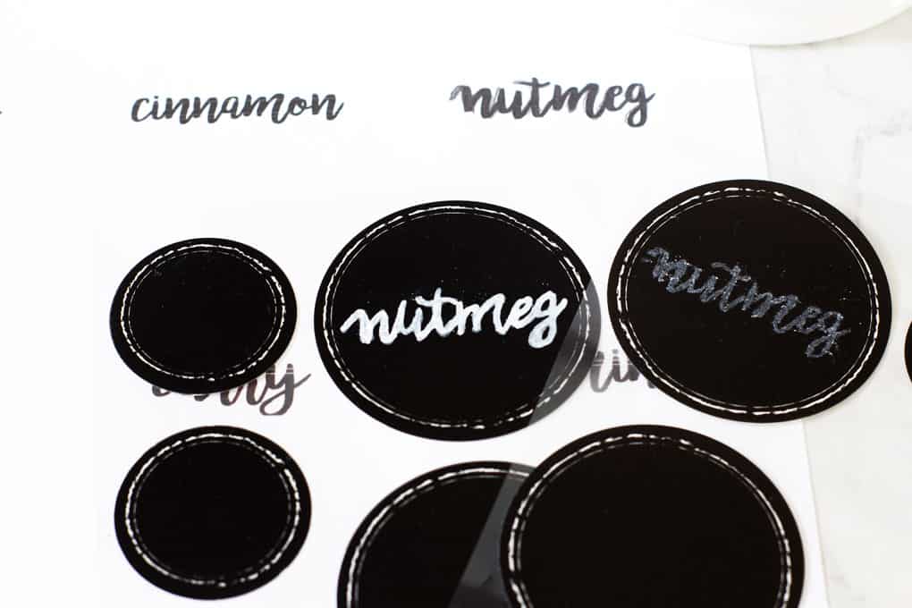 diy chalkboard font labels nutmeg written on black label