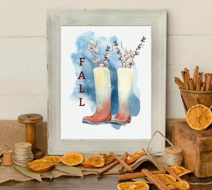 watercolor printable art for fall framed print of rain boots and cotton stems