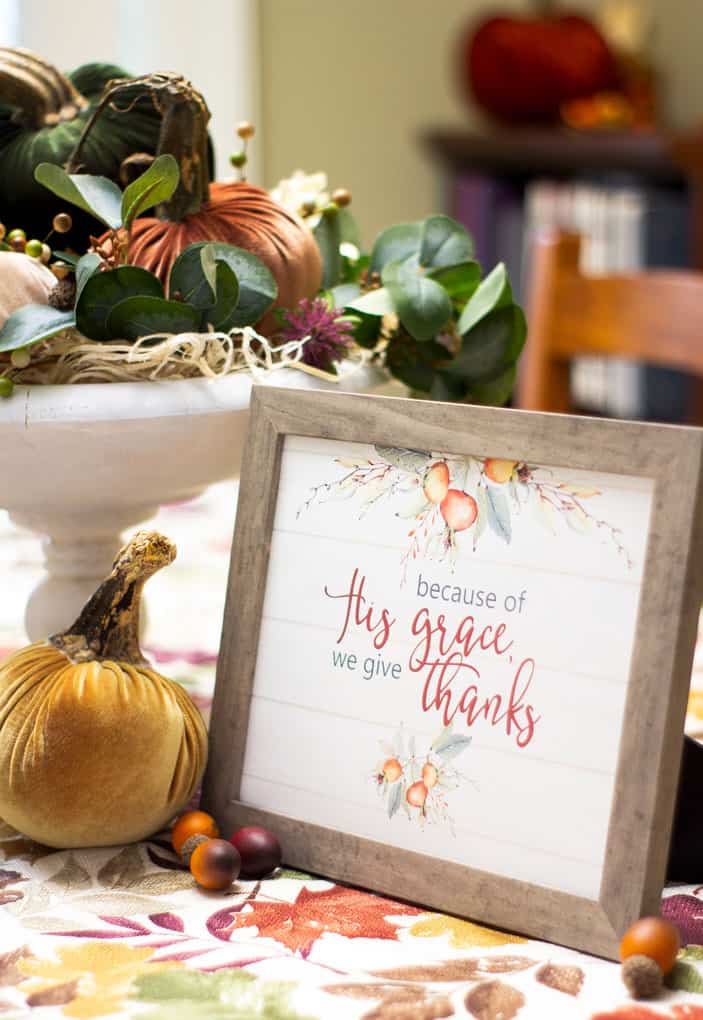 thanksgiving watercolor printable art on table with velvet pumpkins and faux florals