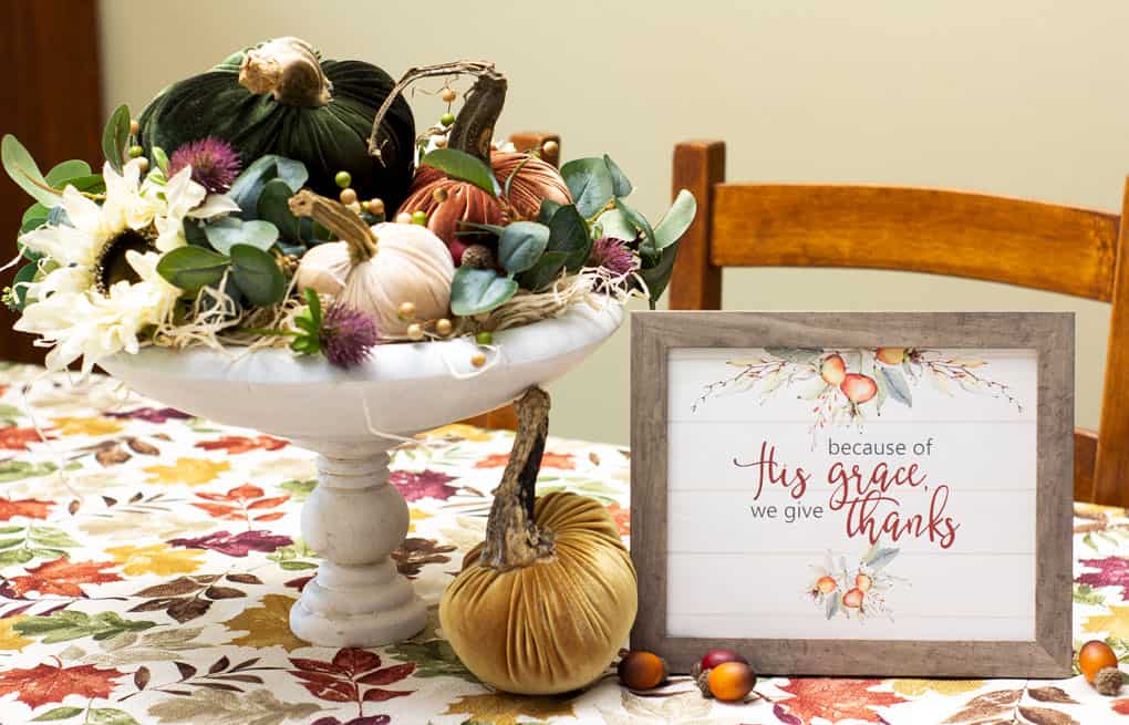 thanksgiving watercolor printable art on table with velvet pumpkins and faux florals