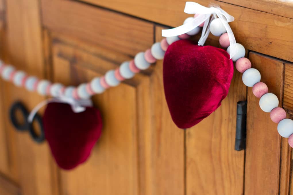 velvet heart on wood bead garland