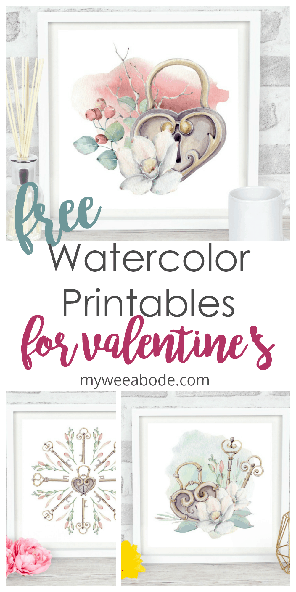 free valentine watercolor wall art with hearts flowers and keys on wood surface