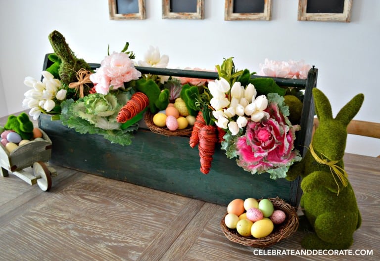 toobox with spring florals and elements on table