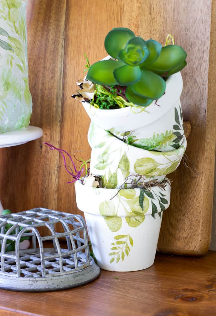 fresh spring vignette with terra cotta mini pots