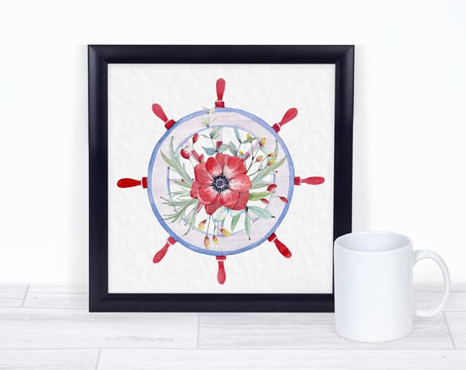 free patriotic printable for summer ships wheel with flowers in a black frame