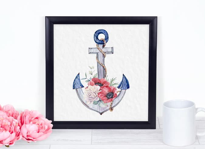 free patriotic printable for summer ships anchor with flowers in a black frame