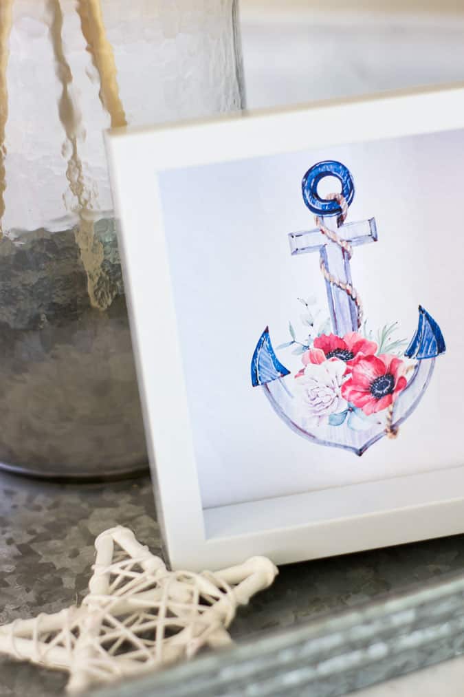 anchor print in white frame with galvanized tray
