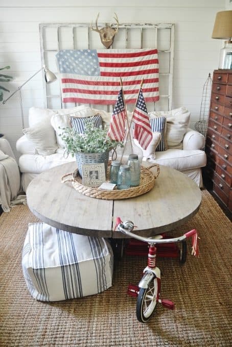 understated patriotic vignette with muted tones of red white and blue decor