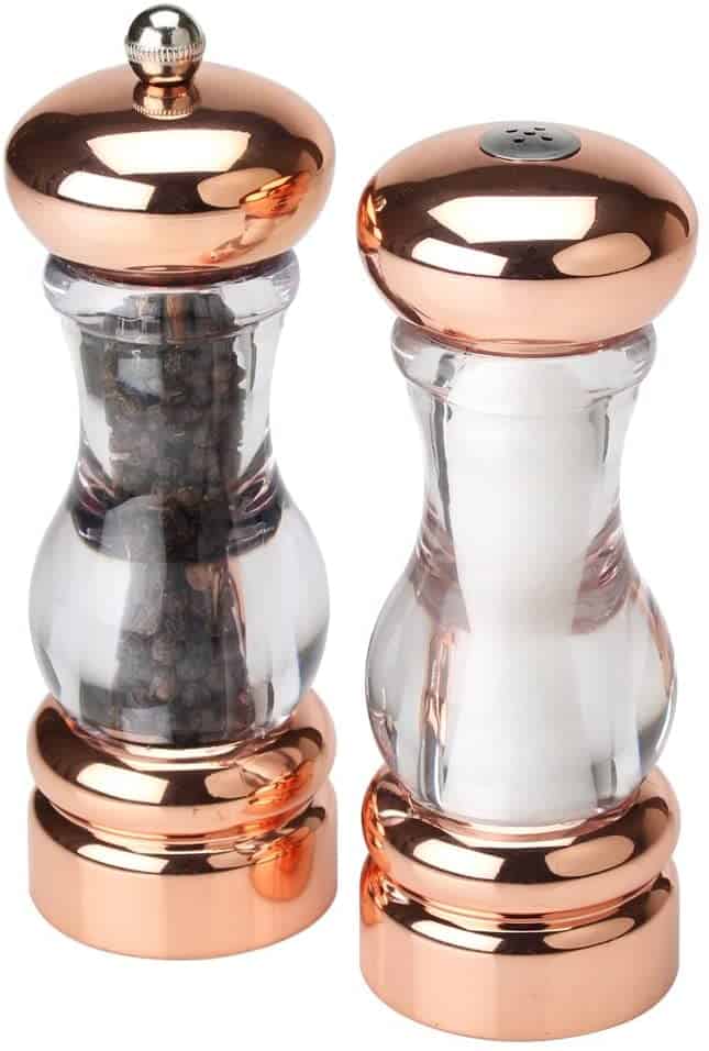 fall kitchen with copper salt shaker and pepper mill
