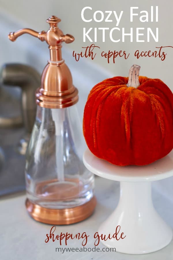 fall kitchen with copper soap dispenser and orange velvet pumpkin on cupcake stand
