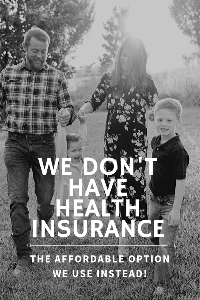 black and white photo of family entitled we don't have health insurance