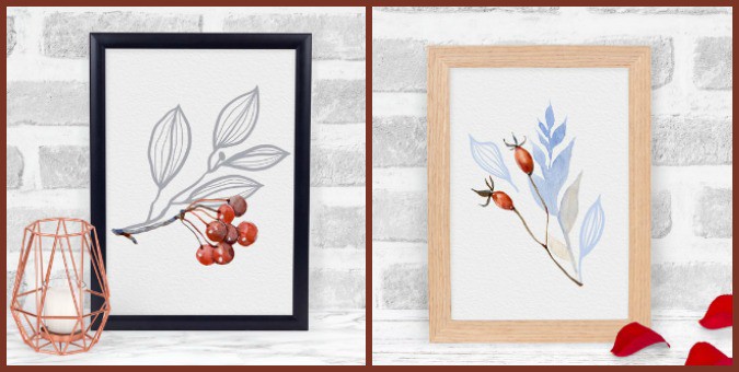 minimalist fall watercolor printables with red pods and leaves in frame and rose petals on white surface