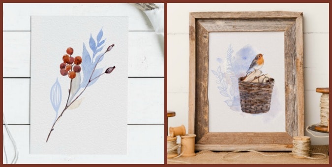 minimalist fall watercolor printables with red pods and leaves in frame and rose petals on white surface