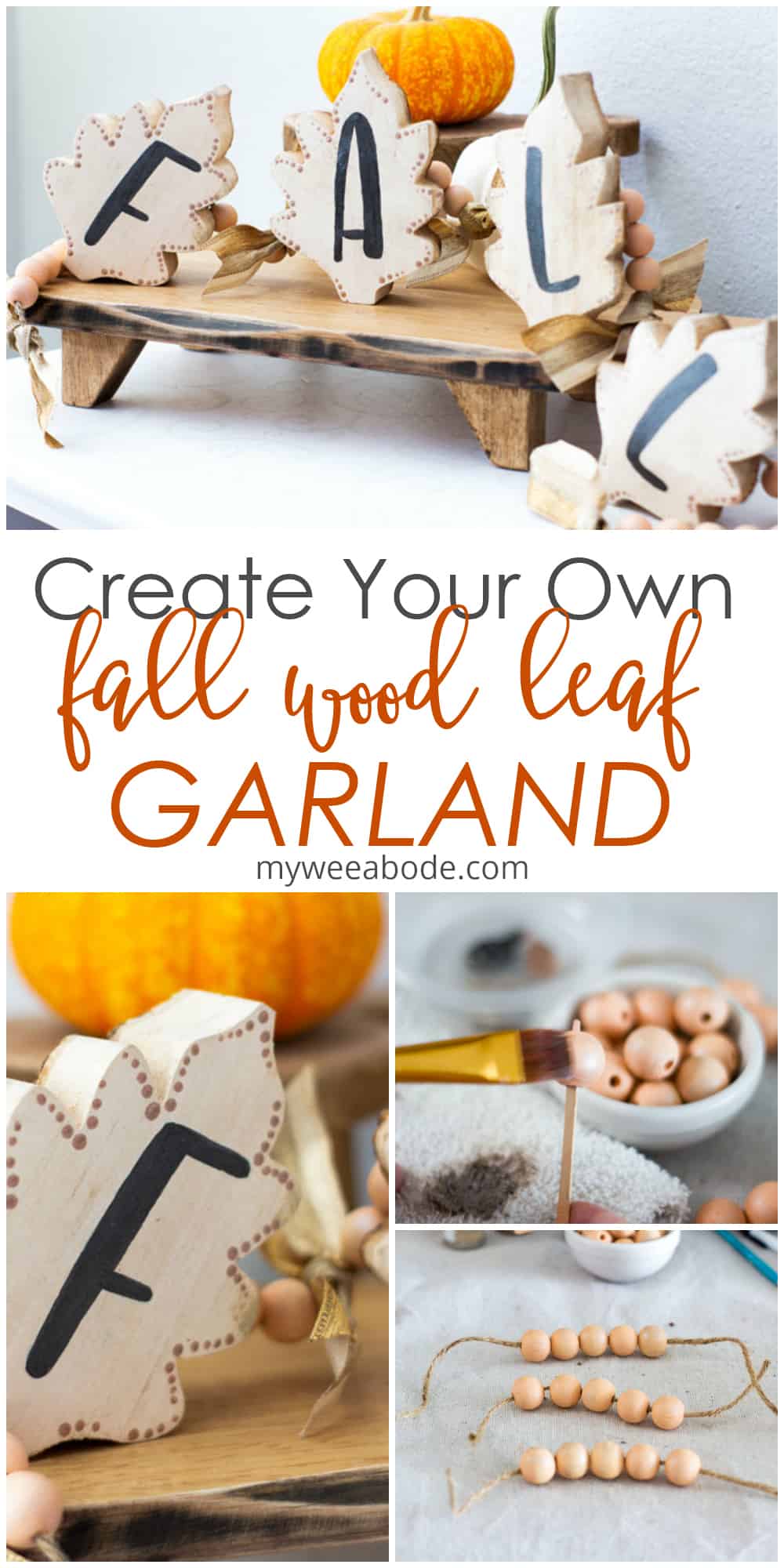 fall wood leaf garland on bread board with pumpkin in background