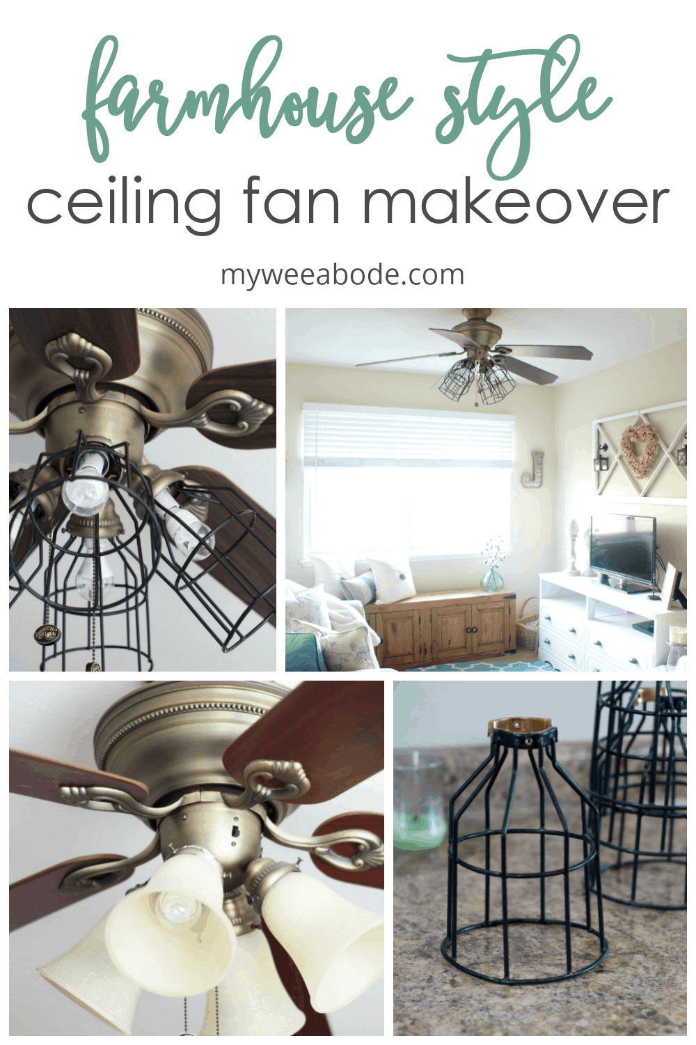 collage of farmhouse style ceiling fan makeover