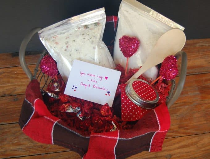 basket with soup mix and biscuit mix and other valentine items
