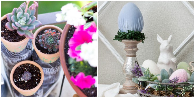 tuesday turn about 90 spring updates collage of container garden and velvet easter egg on candle holder
