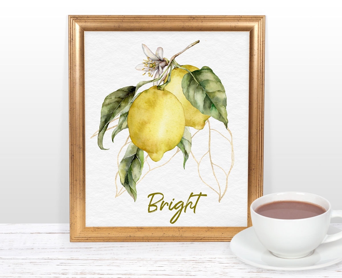 fresh summer lemon printables lemon branch print in gold frame with coffee cup